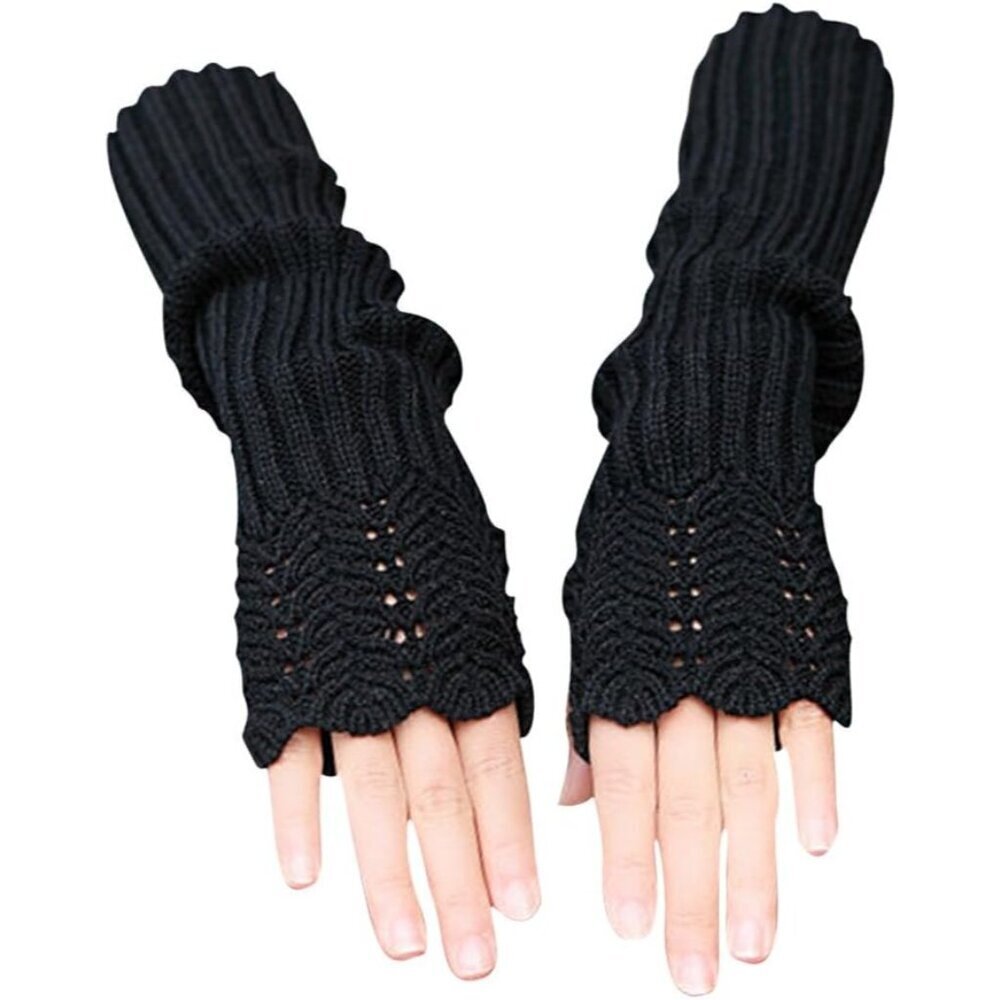 Women Knit Fingerless Gloves Black Acrylic Long Wrist Warmers Fashion